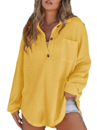 Women's Loose‑Fit Waffle Knit Lapel Long‑Sleeve Top