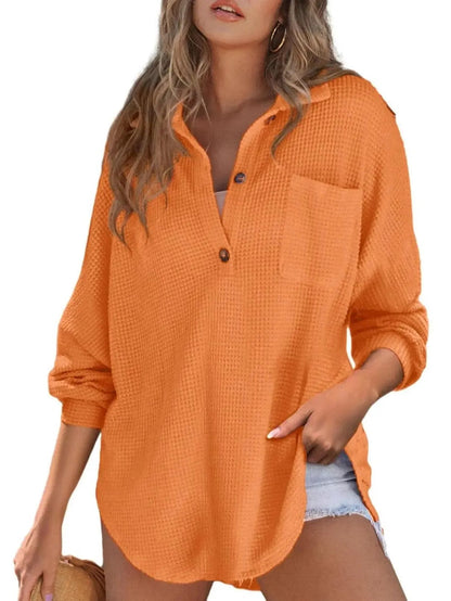 Women's Loose‑Fit Waffle Knit Lapel Long‑Sleeve Top