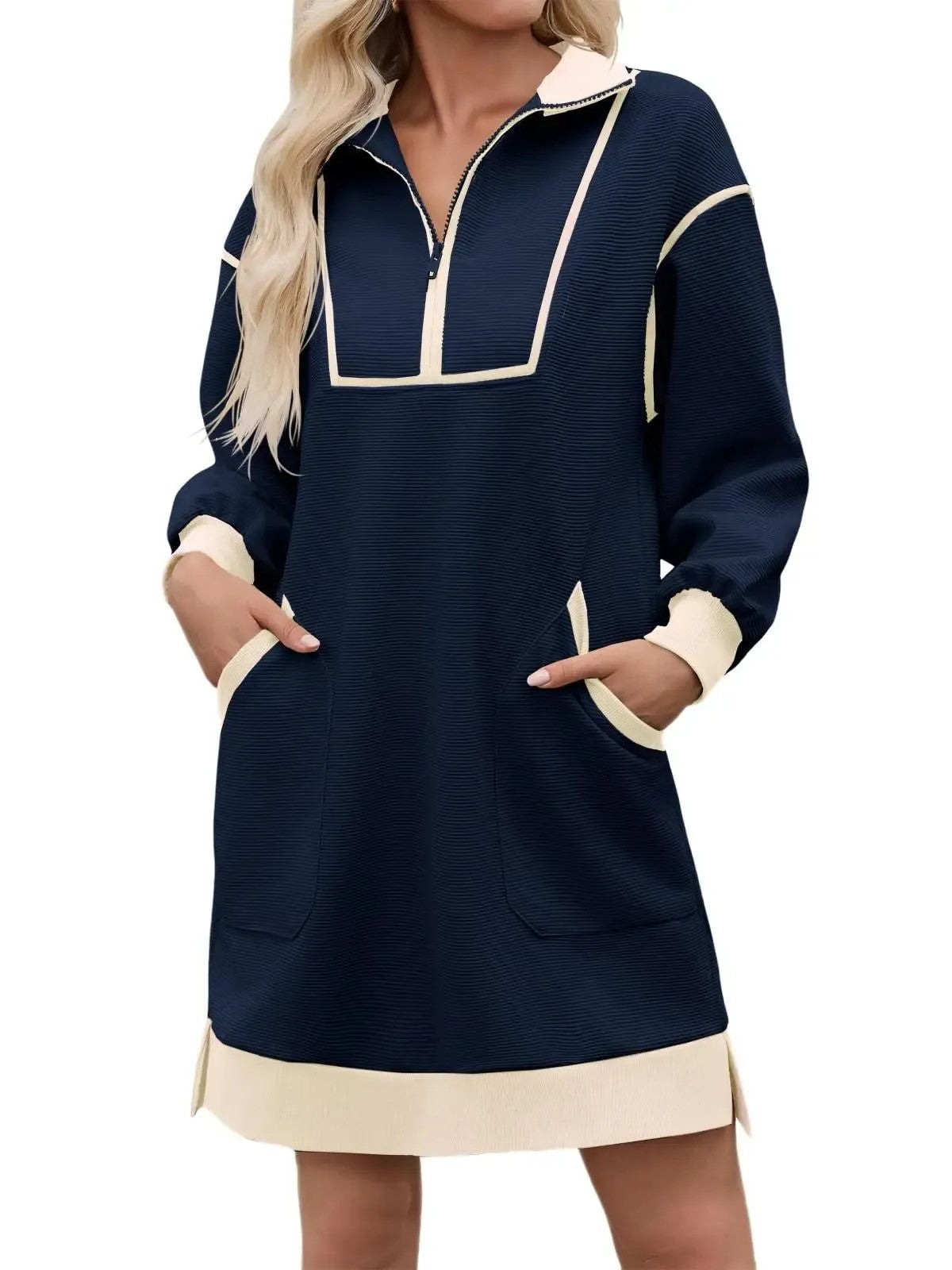 Women's Half Zip Contrast Trim Pocket Dress