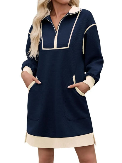 Women's Half Zip Contrast Trim Pocket Dress