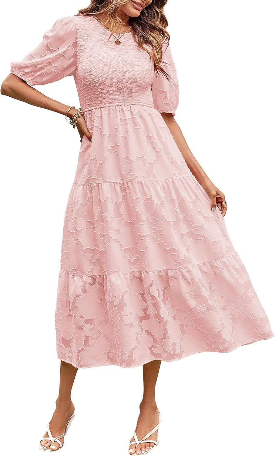 ✨Women's Puff Sleeve Floral Dress Flowy Tiered Midi Dresses