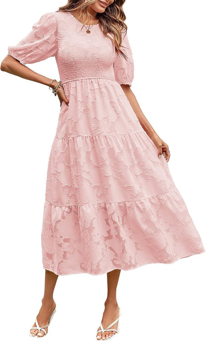 ✨Women's Puff Sleeve Floral Dress Flowy Tiered Midi Dresses