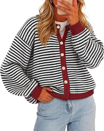 Women's Color-Block Striped Button-Front Knit Cardigan
