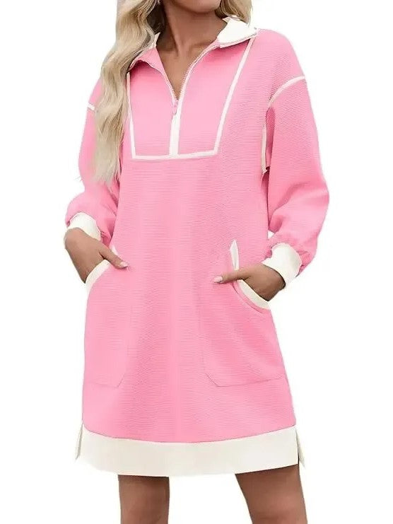 Women's Half Zip Contrast Trim Pocket Dress