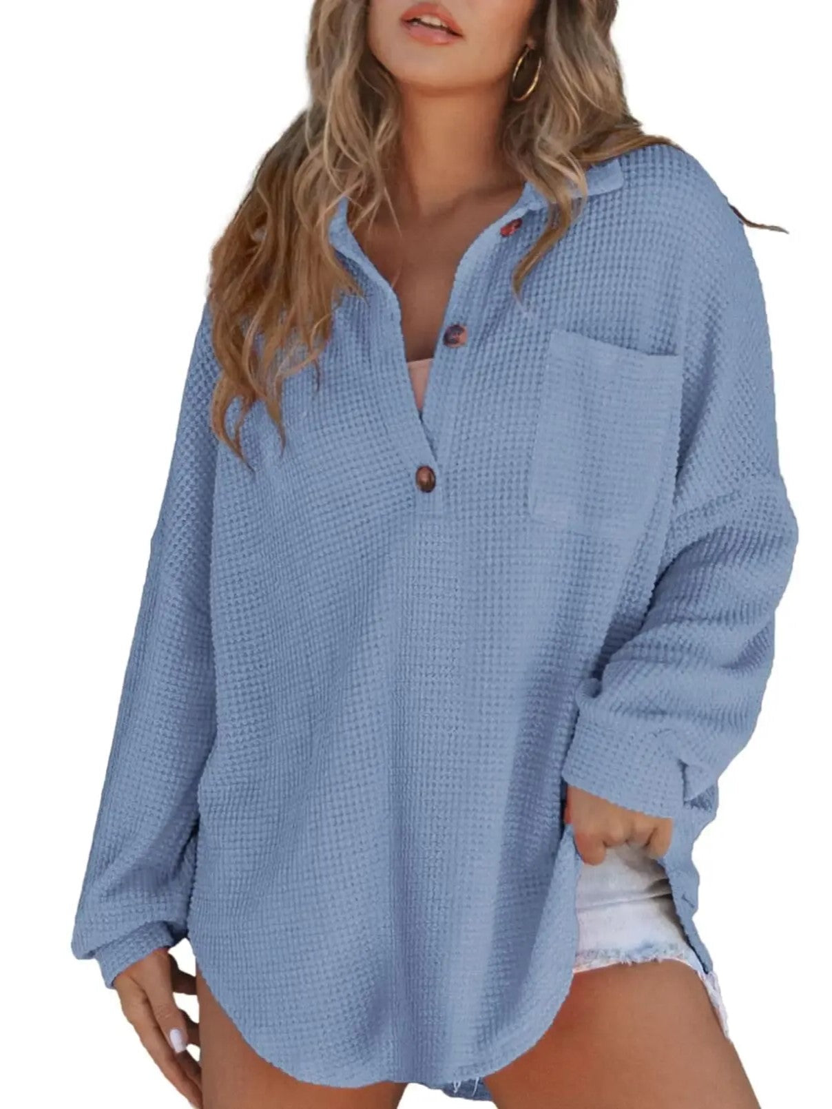Women's Loose‑Fit Waffle Knit Lapel Long‑Sleeve Top