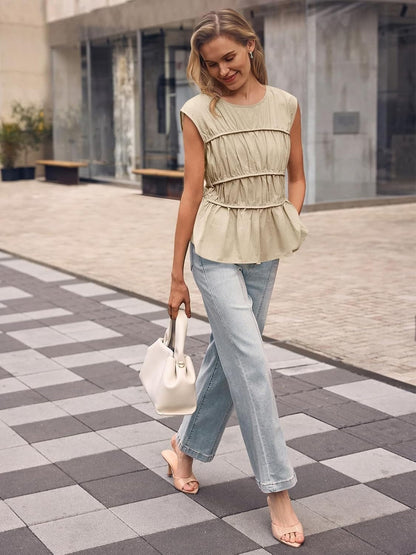 Womens Cap Sleeve Peplum Tank Tops Smocked Casual  Pleated Blouse