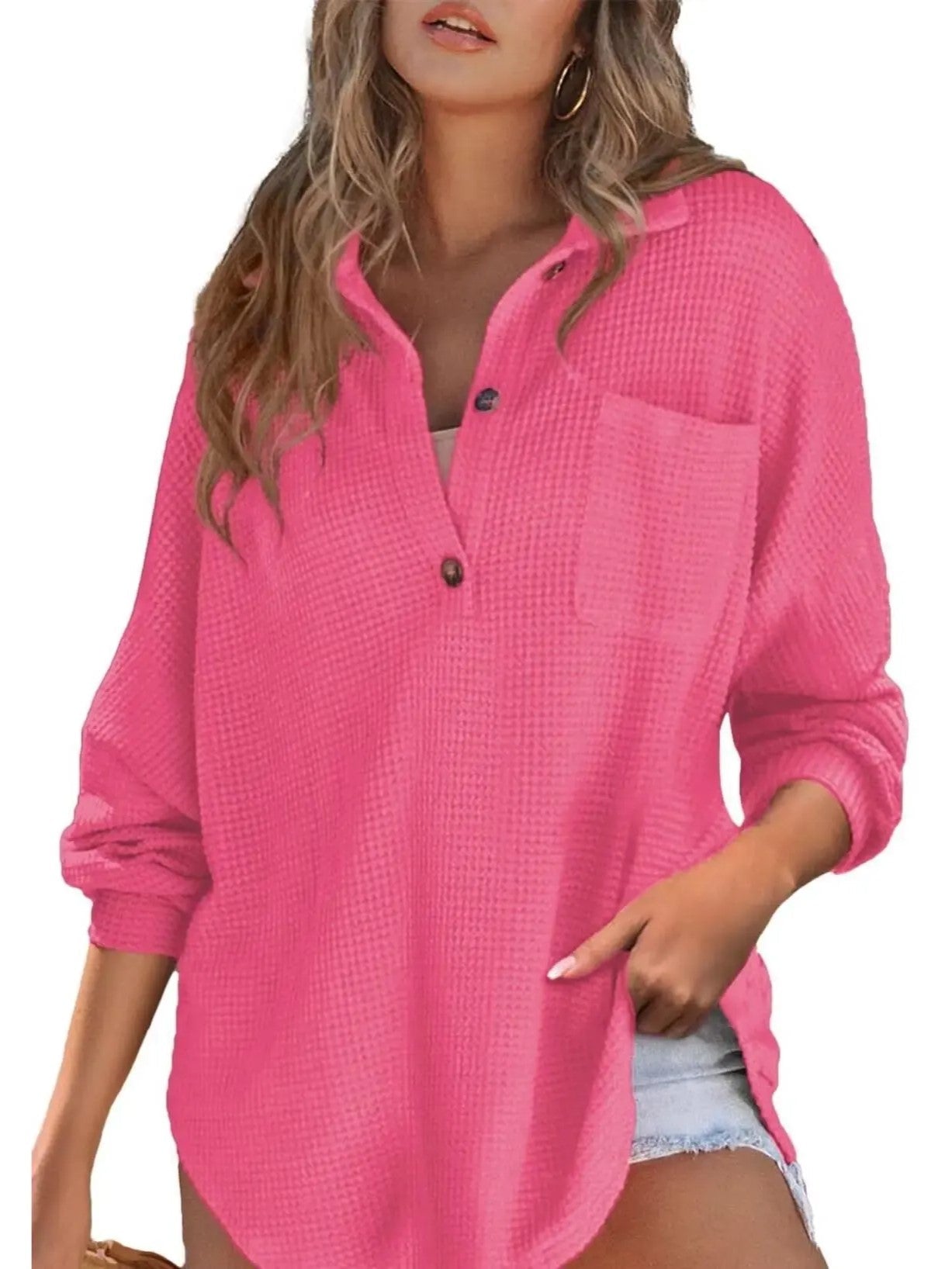 Women's Loose‑Fit Waffle Knit Lapel Long‑Sleeve Top