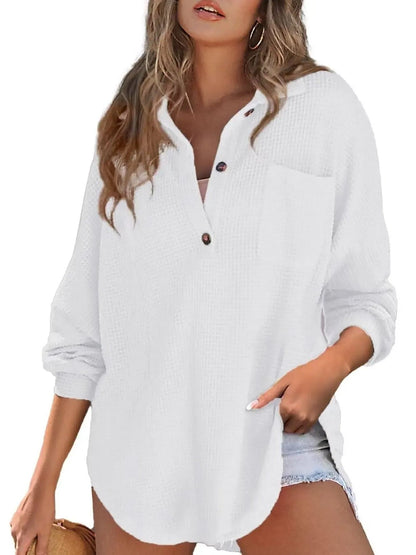 Women's Loose‑Fit Waffle Knit Lapel Long‑Sleeve Top