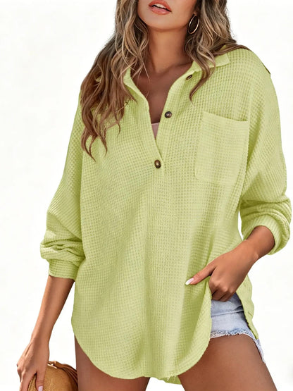 Women's Loose‑Fit Waffle Knit Lapel Long‑Sleeve Top