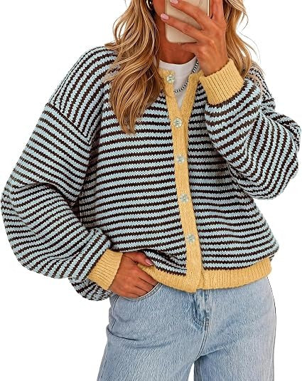 Women's Color-Block Striped Button-Front Knit Cardigan
