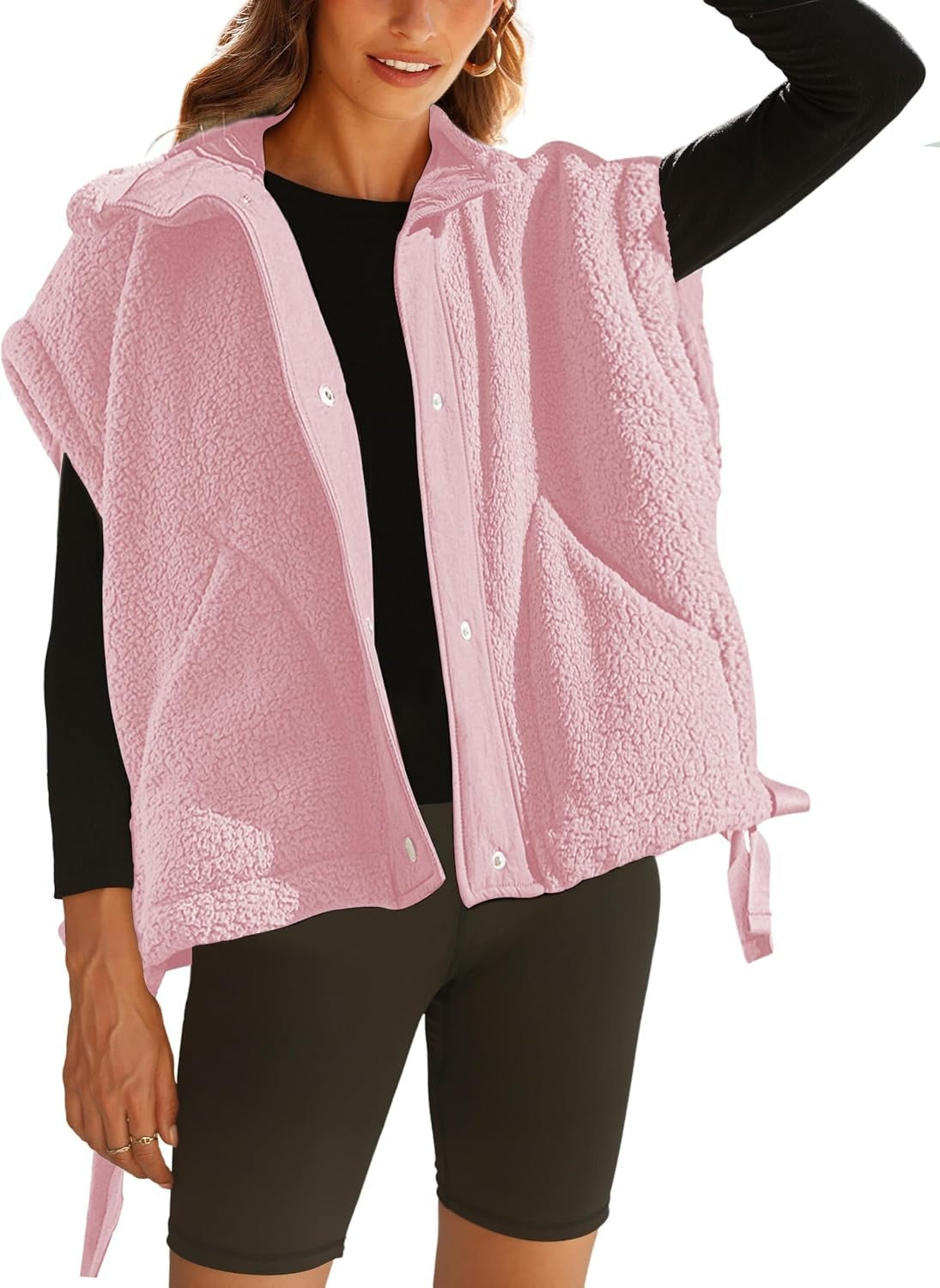 Womens Sleeveless Sherpa Vest Fuzzy Fleece Outerwear With Pockets