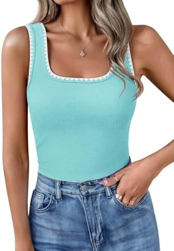 Women’s Square Neck Tank Tops Fitted Color Block Ribbed Tanks