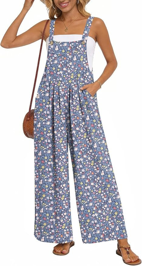 Womens Casual Jumpsuits Wide Leg Overalls Adjustable Strap Rompers with Pockets