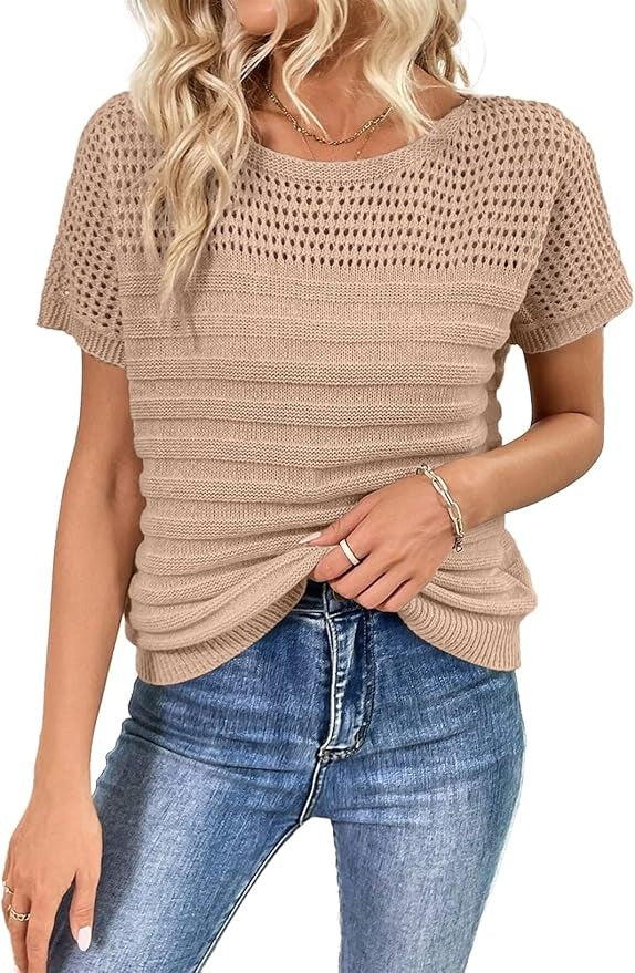 ⏰Hot Sale-Womens Crew Neck Short Sleeve Shirts Knit Hollow Out Tops