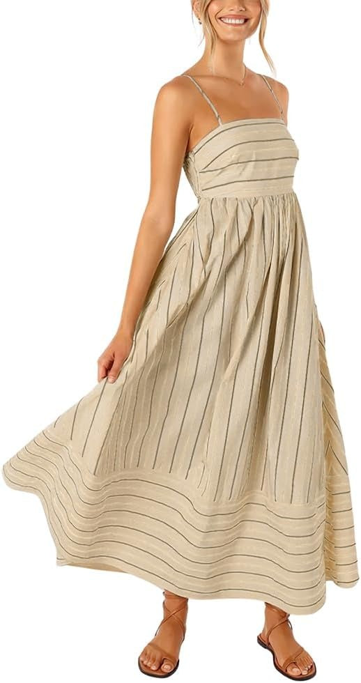 Women's striped backless pleated halter-neck cutout flowy A-line maxi dress