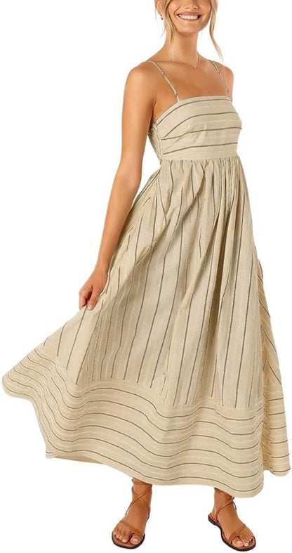 Women's striped backless pleated halter-neck cutout flowy A-line maxi dress