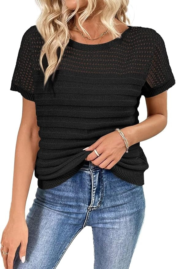 ⏰Hot Sale-Womens Crew Neck Short Sleeve Shirts Knit Hollow Out Tops