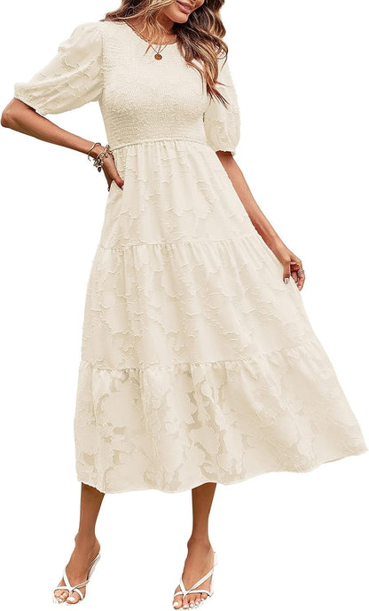 ✨Women's Puff Sleeve Floral Dress Flowy Tiered Midi Dresses