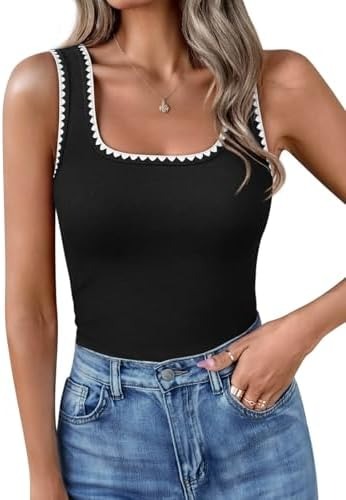Women’s Square Neck Tank Tops Fitted Color Block Ribbed Tanks
