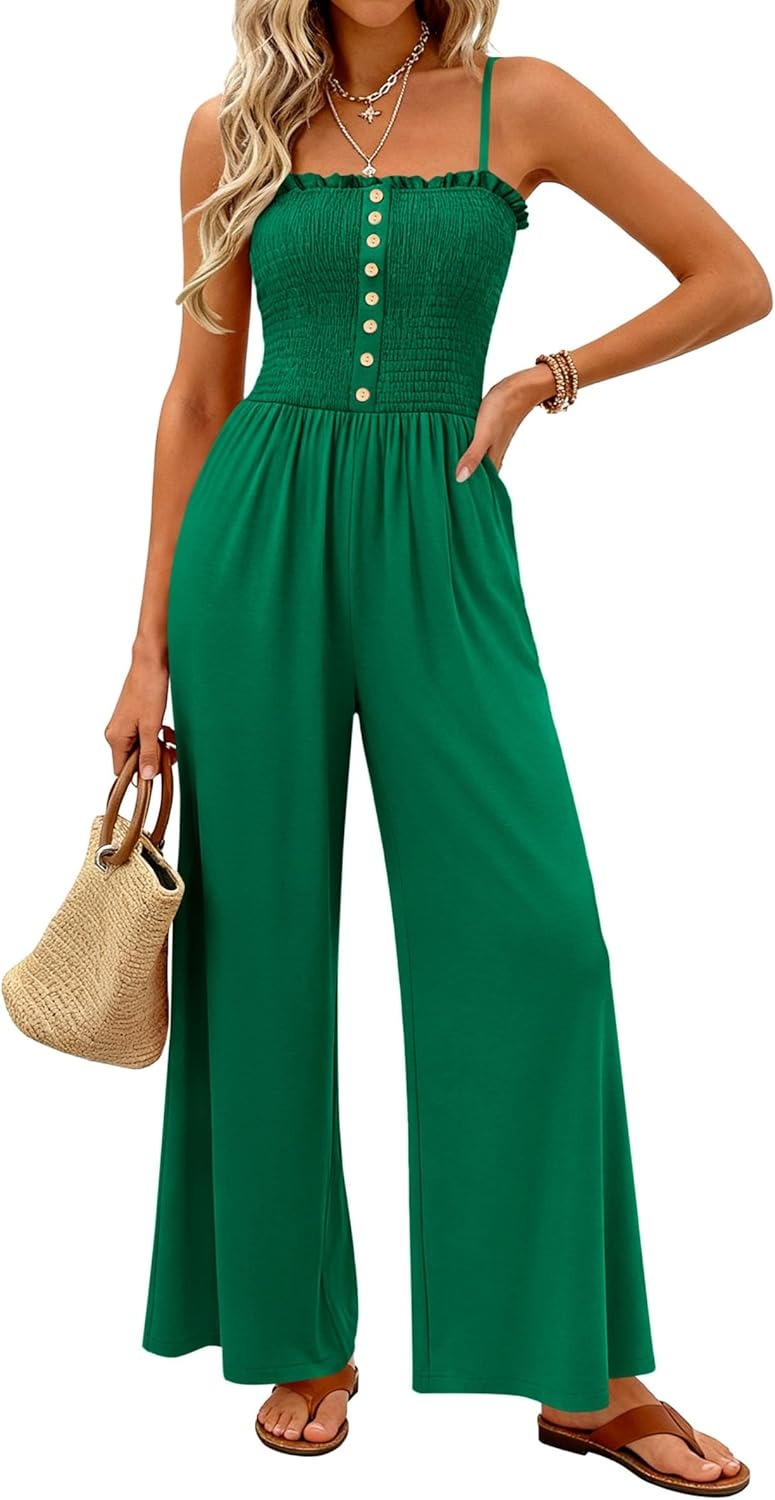 Women's Smocked Spaghetti Strap Wide-Leg Jumpsuit with Pockets