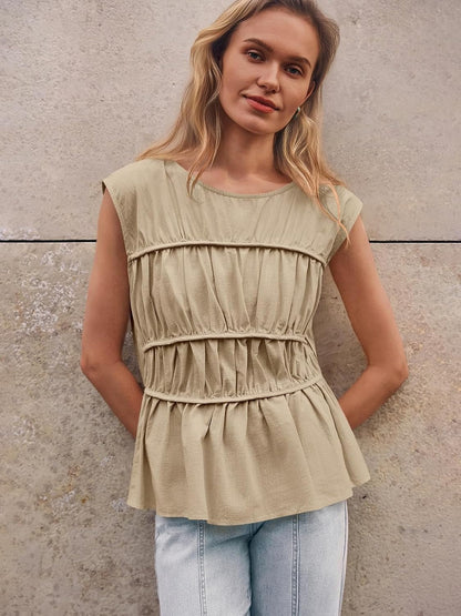 Womens Cap Sleeve Peplum Tank Tops Smocked Casual  Pleated Blouse