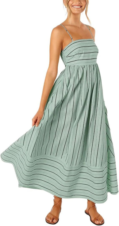 Women's striped backless pleated halter-neck cutout flowy A-line maxi dress