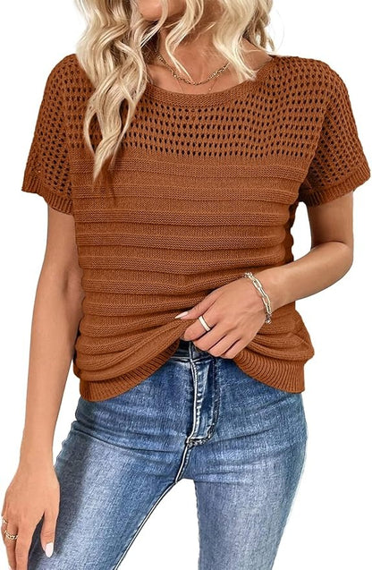 ⏰Hot Sale-Womens Crew Neck Short Sleeve Shirts Knit Hollow Out Tops