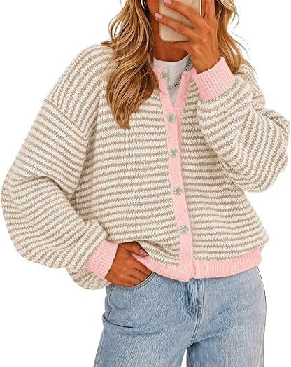 Women's Color-Block Striped Button-Front Knit Cardigan