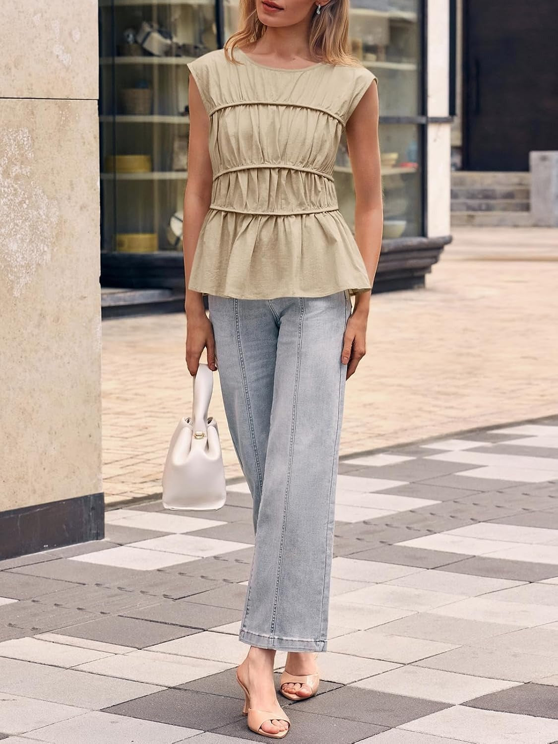 Womens Cap Sleeve Peplum Tank Tops Smocked Casual  Pleated Blouse