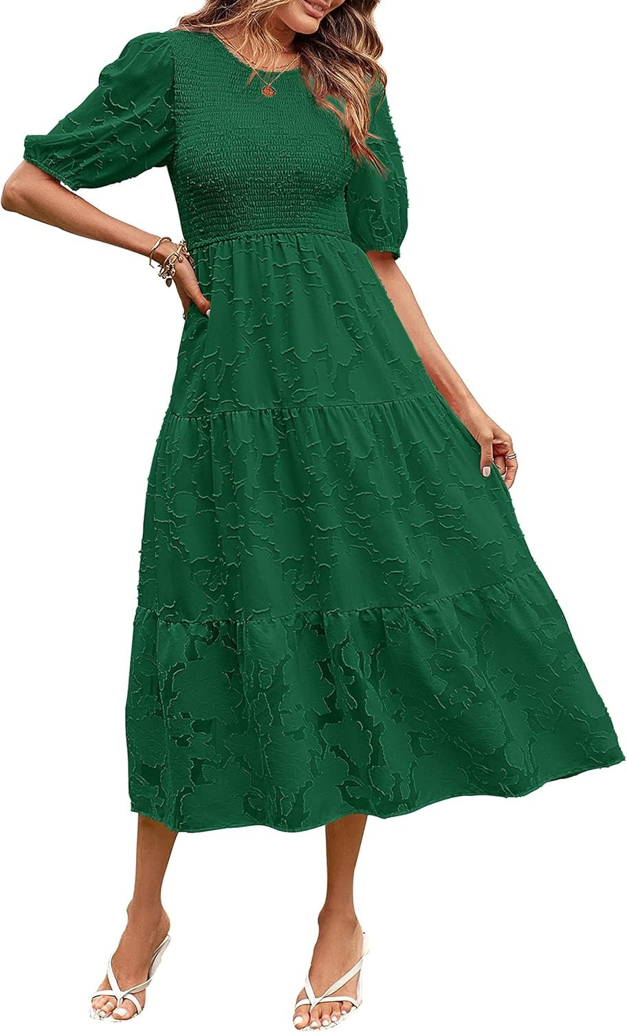 ✨Women's Puff Sleeve Floral Dress Flowy Tiered Midi Dresses