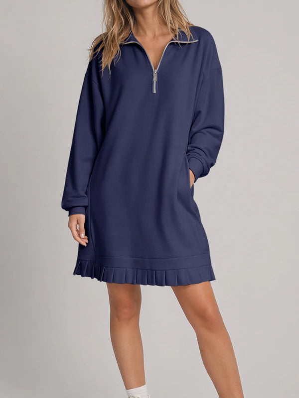 Women's Half Zip Sweatshirt Dress with Pleated Hem