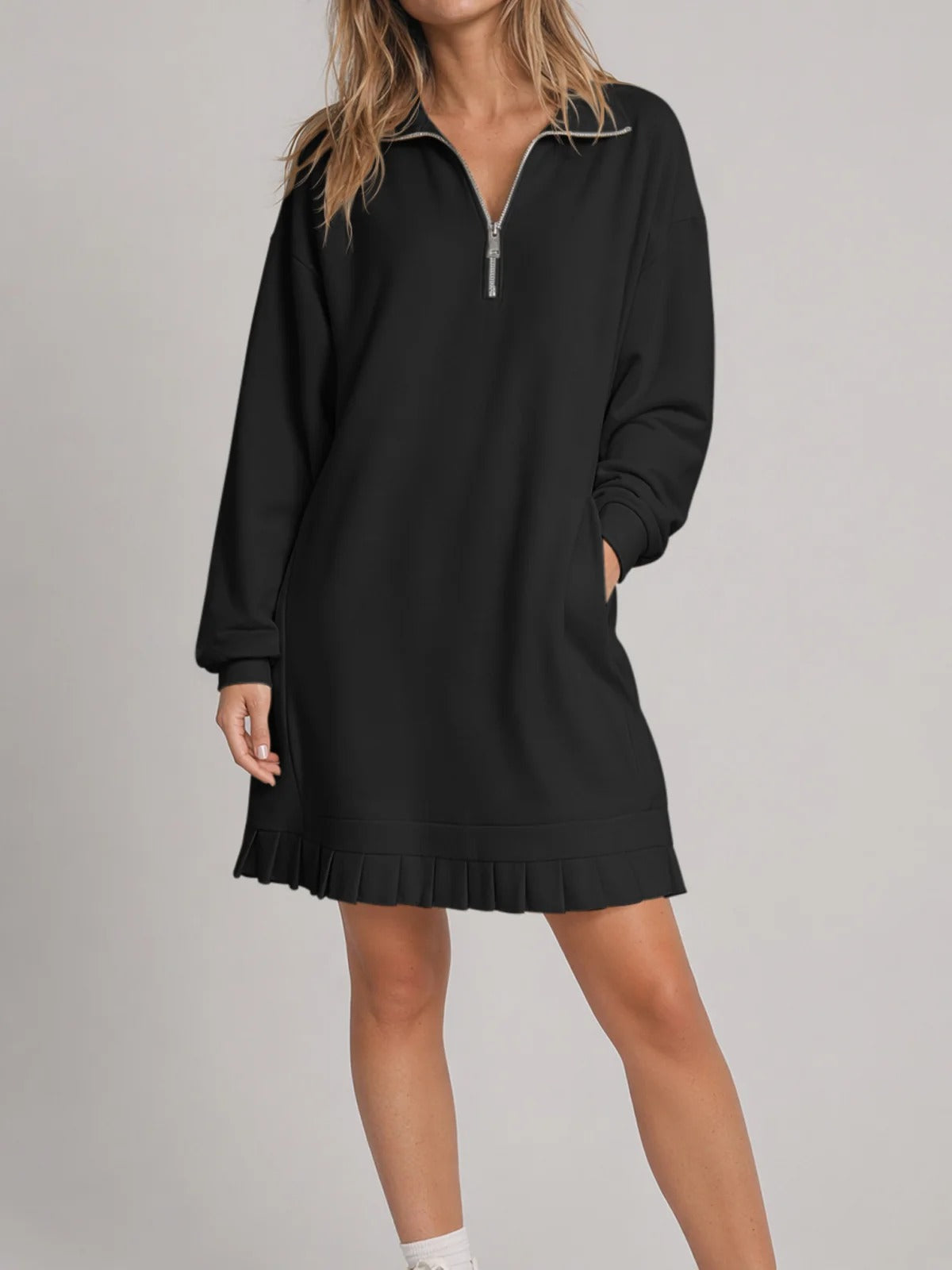 Women's Half Zip Sweatshirt Dress with Pleated Hem