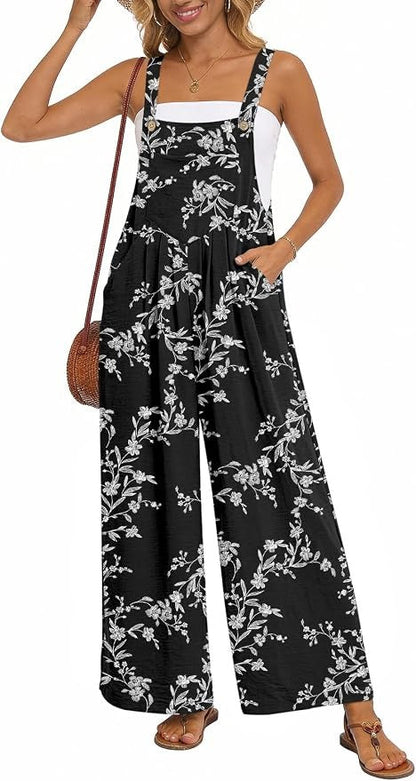 Womens Casual Jumpsuits Wide Leg Overalls Adjustable Strap Rompers with Pockets