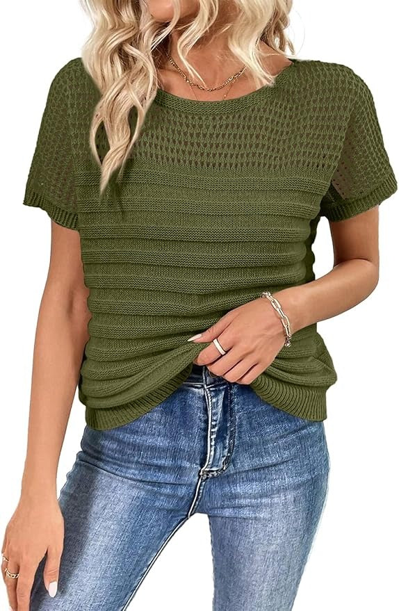 ⏰Hot Sale-Womens Crew Neck Short Sleeve Shirts Knit Hollow Out Tops