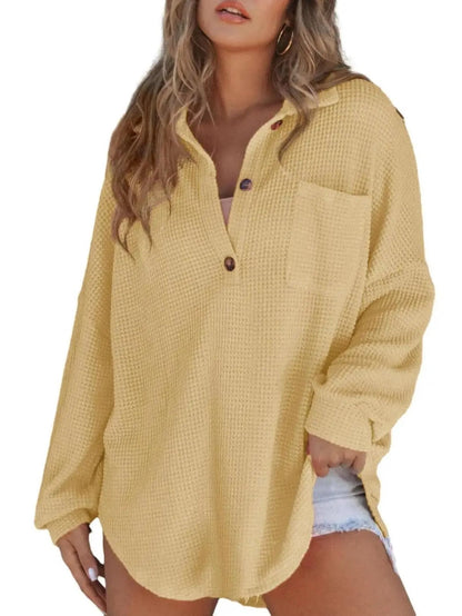 Women's Loose‑Fit Waffle Knit Lapel Long‑Sleeve Top
