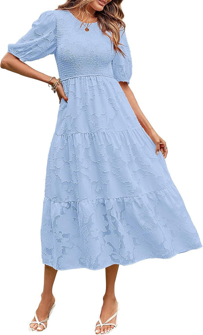 ✨Women's Puff Sleeve Floral Dress Flowy Tiered Midi Dresses