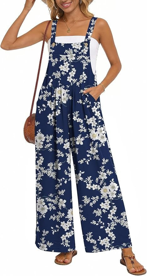 Womens Casual Jumpsuits Wide Leg Overalls Adjustable Strap Rompers with Pockets