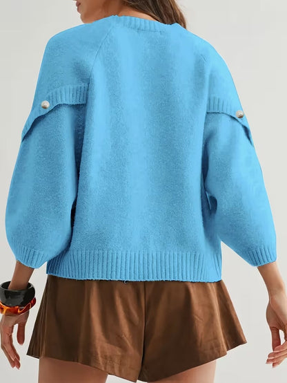 Women's Button Decor Batwing Sleeve Knit Sweater Crew Neck Loose Pullover Top