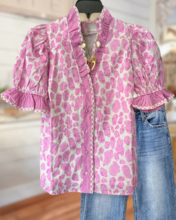 Leopard Print Elegant Button Up Ruffles Decor Blouse