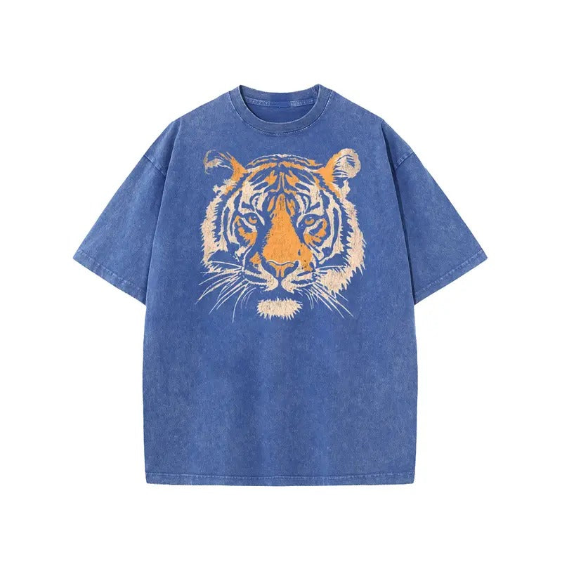 Women's Vintage Tiger Graphic Short Sleeves Loose-Fit Acid Washed Tshirt