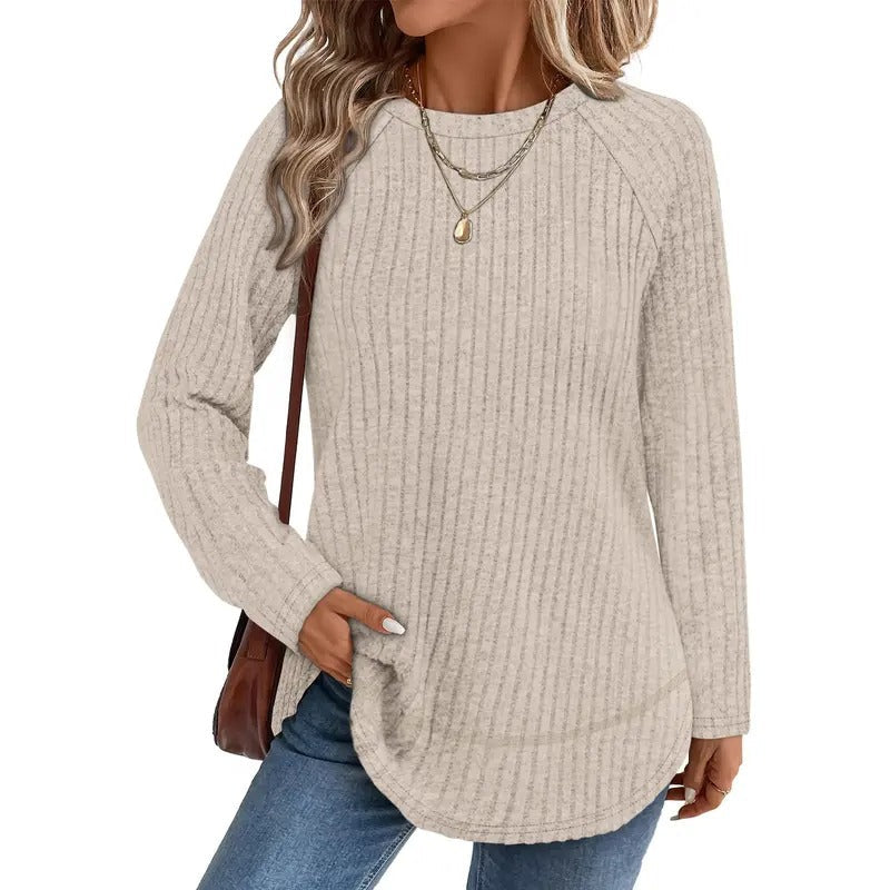 Women  Ribbed Knit Raglan Long Sleeve Top Curved Hem Loose Blouse