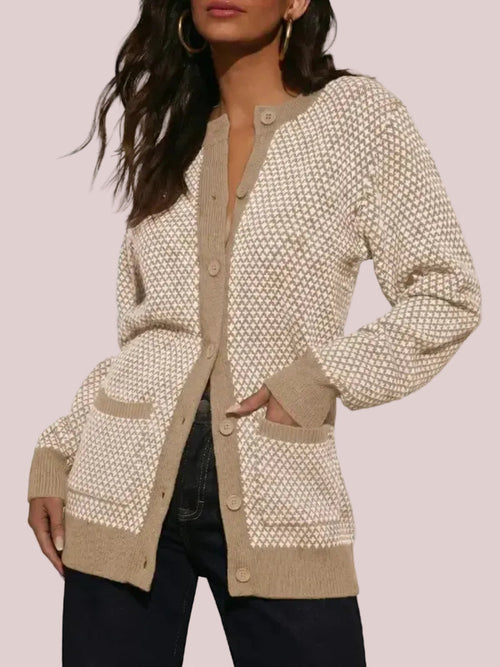 Women's Houndstooth Cardigan Sweaters with Front Patch Pockets
