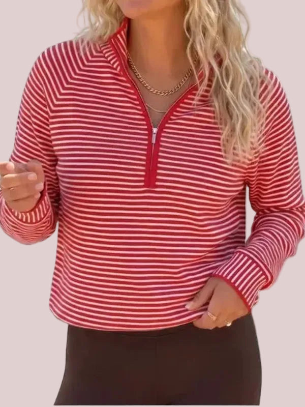 Hot Sale-Women's Striped Half Zip Stand Collar Cropped Pullover