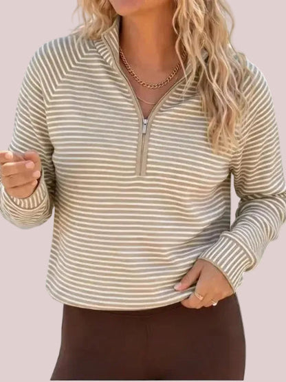 Hot Sale-Women's Striped Half Zip Stand Collar Cropped Pullover