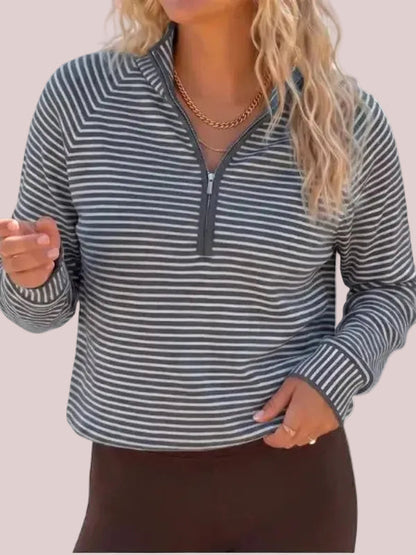 Hot Sale-Women's Striped Half Zip Stand Collar Cropped Pullover