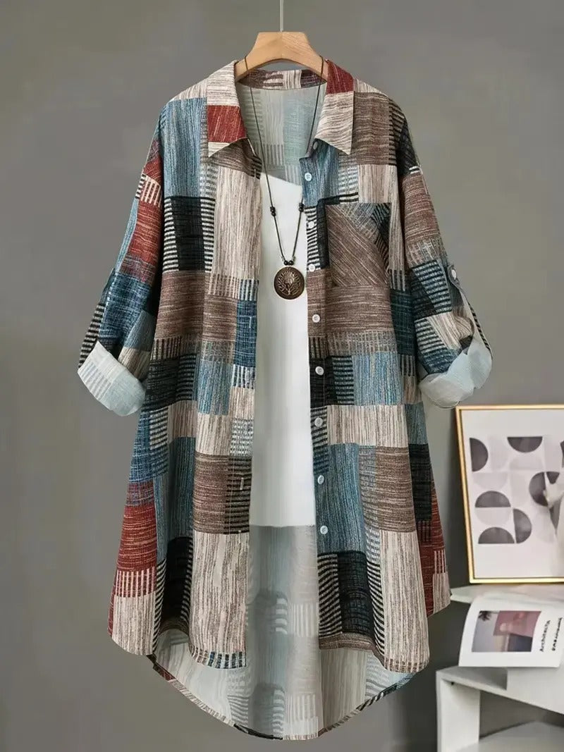 Women's Geometric Patchwork Print Long Sleeve Buttoned Collared Shirt