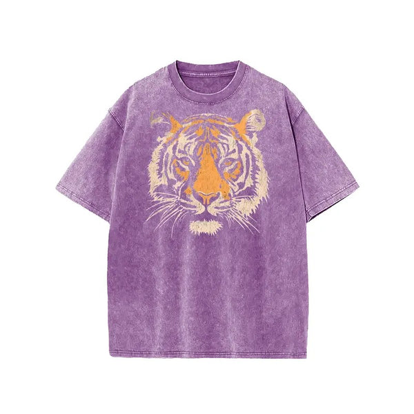 Women's Vintage Tiger Graphic Short Sleeves Loose-Fit Acid Washed Tshirt