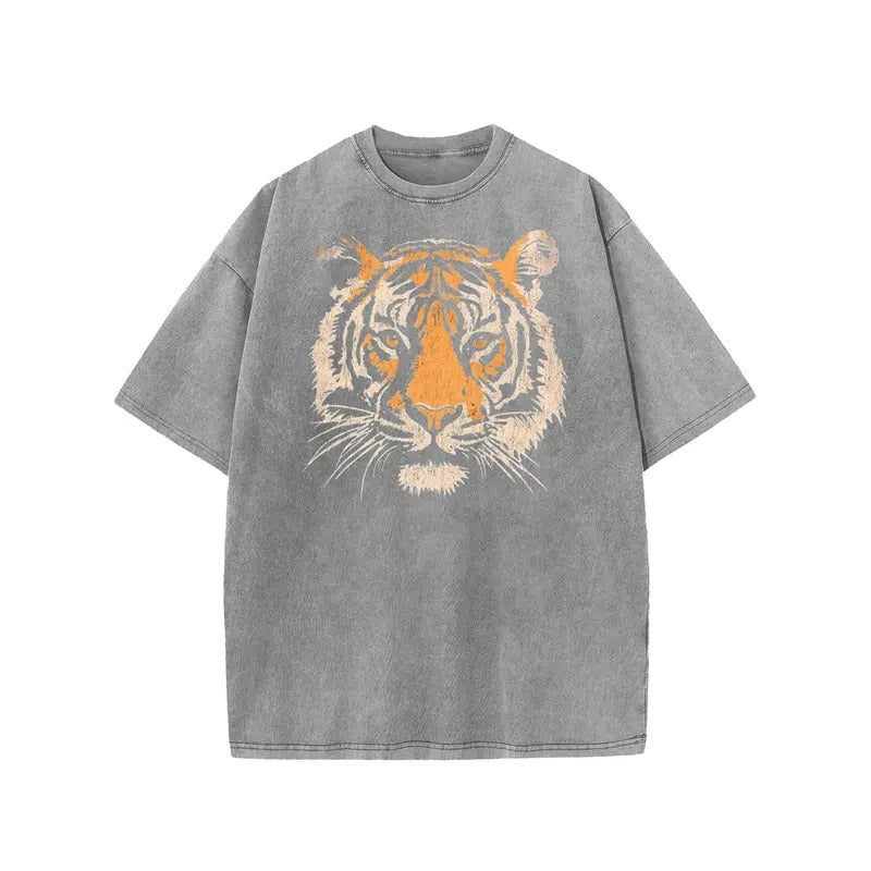 Women's Vintage Tiger Graphic Short Sleeves Loose-Fit Acid Washed Tshirt