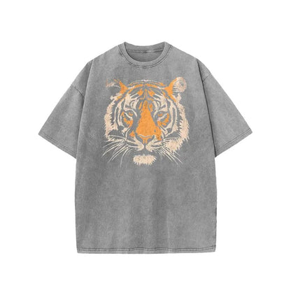 Women's Vintage Tiger Graphic Short Sleeves Loose-Fit Acid Washed Tshirt
