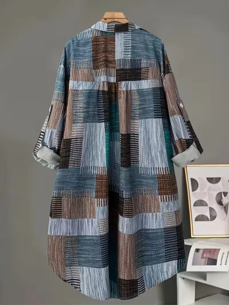 Women's Geometric Patchwork Print Long Sleeve Buttoned Collared Shirt